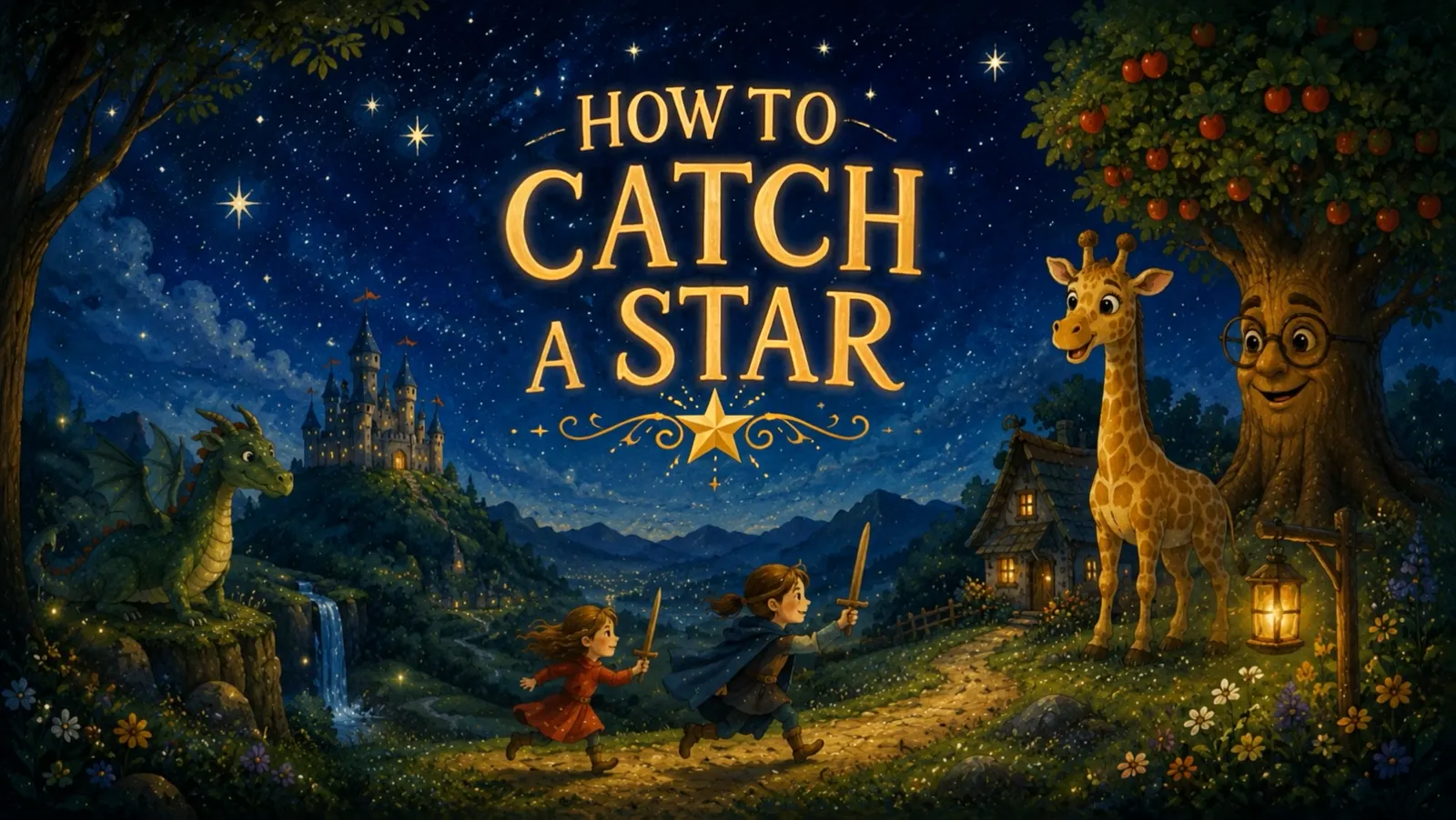 Still from the How to Catch a Star animation, in the style of a night-time picture book